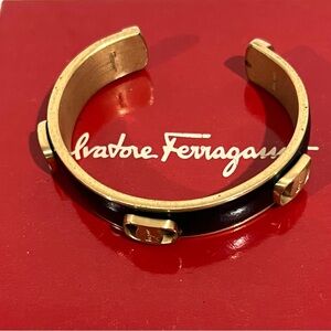 Salvatore Ferragamo Leather and Gold Vara Cuff
